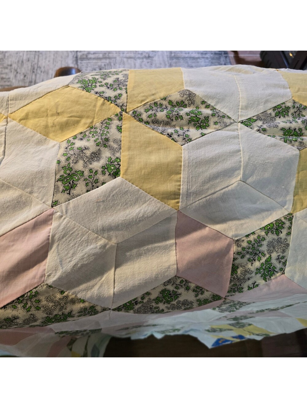 Vintage Tumbling Block pinwheel Quilt Top Handstitched 62x85 approx - Picture 2 of 6